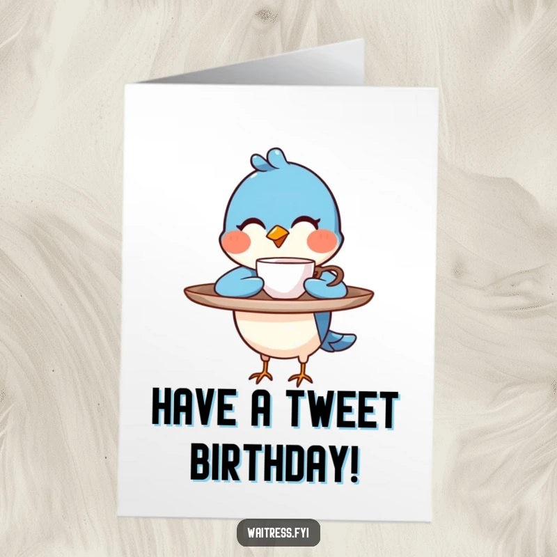 Funny free printable blue bird character winking while holding a steaming coffee cup on a tray, for birthday.