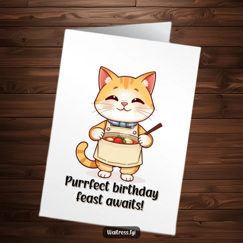 Funny Free Printable Birthday Card: Proud cat in apron presenting a steaming bowl, a downloadable birthday treat.