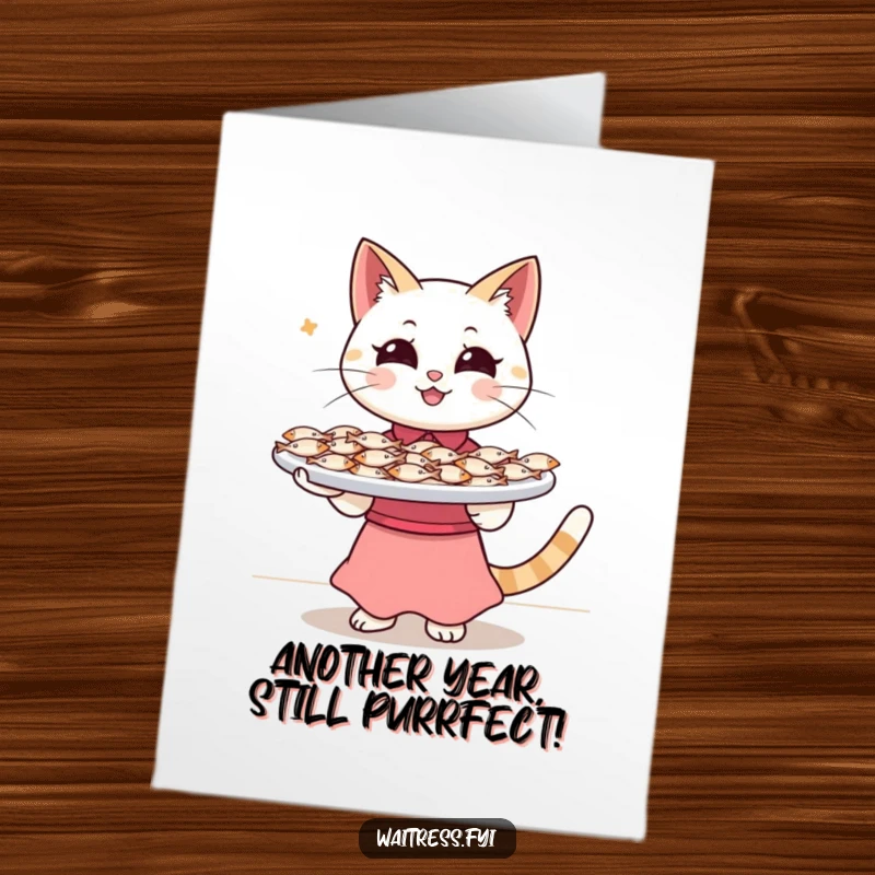 Funny Free Printable Birthday Card: Happy cat waitress balances a tray overflowing with tiny fish, serving joy.