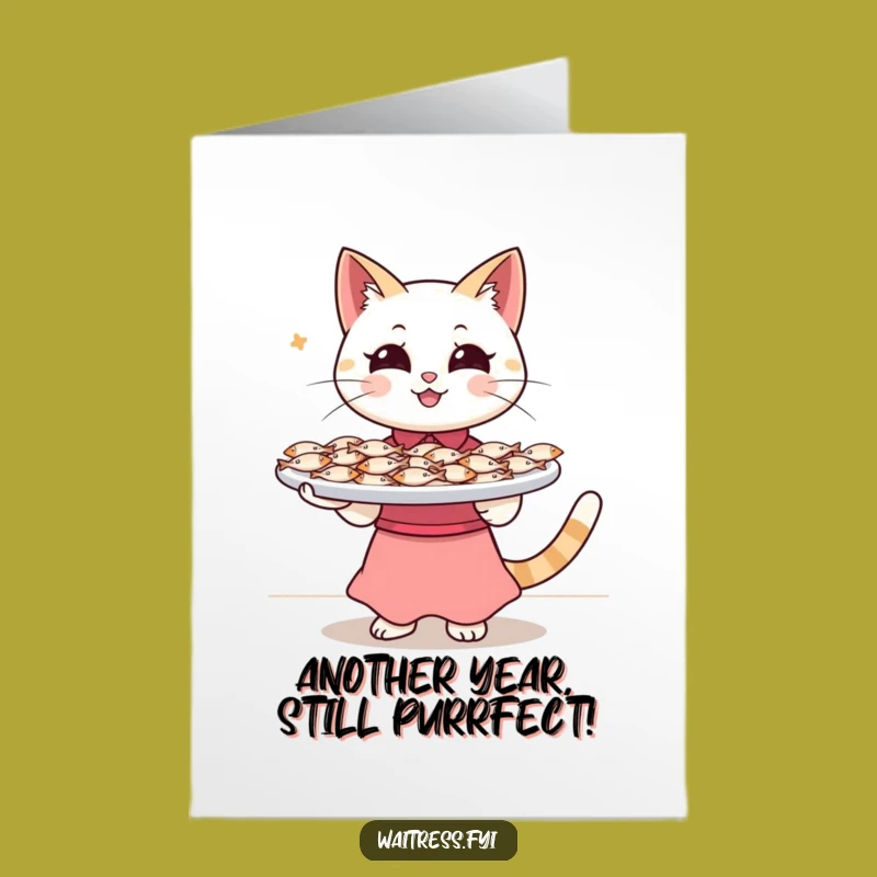 Free Printable Cat Waitress Birthday Card: Funny Downloadable Fish Art for Foodies