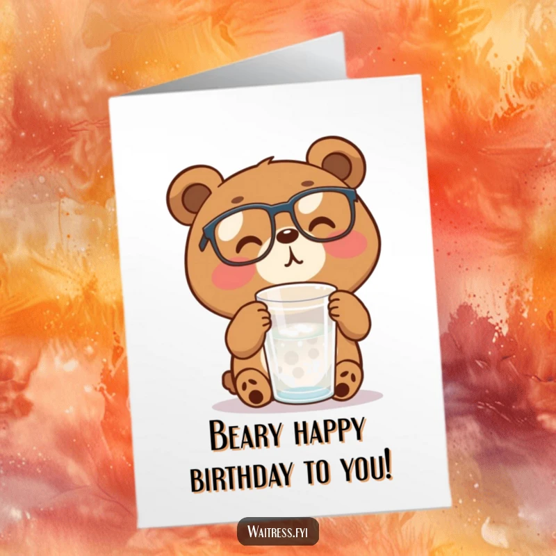 Funny free printable birthday card: A cheerful brown bear with glasses skillfully refills a water glass, radiating good vibes.