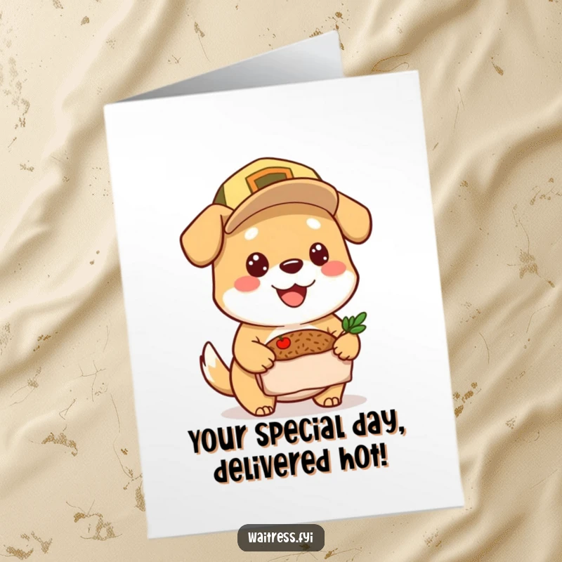 Funny Free Printable Birthday Card: Cheerful dog in a cap, holding a meal, ready to deliver birthday wishes with a wag.