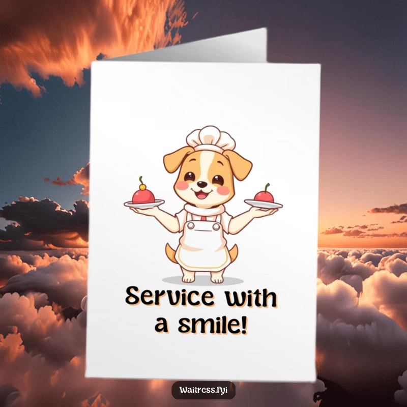 Funny Free Printable Birthday Card: Smiling dog waitress in apron juggling plates, ready for a birthday celebration.