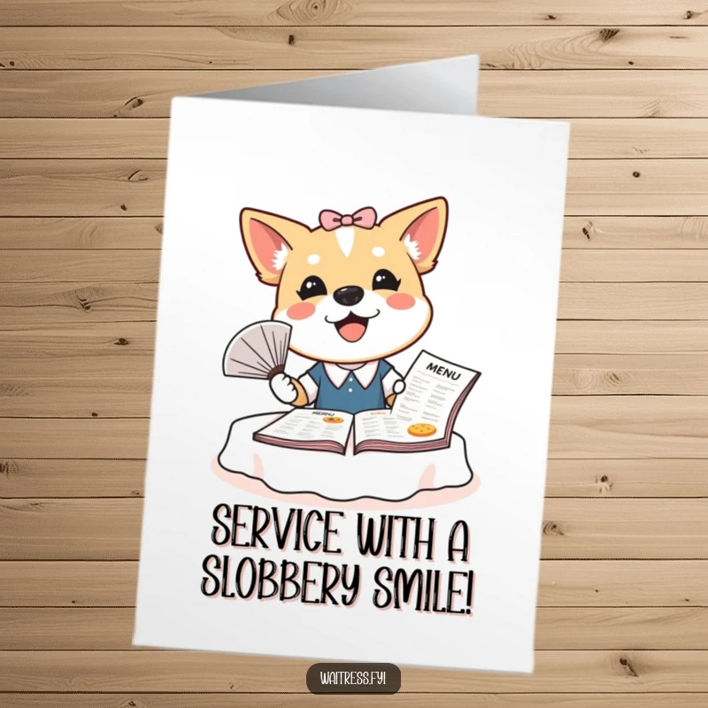 Funny Free Printable Dog Waitress Birthday Card: Bubbly dog fanning a menu energetically, ready to take your order with a smile.