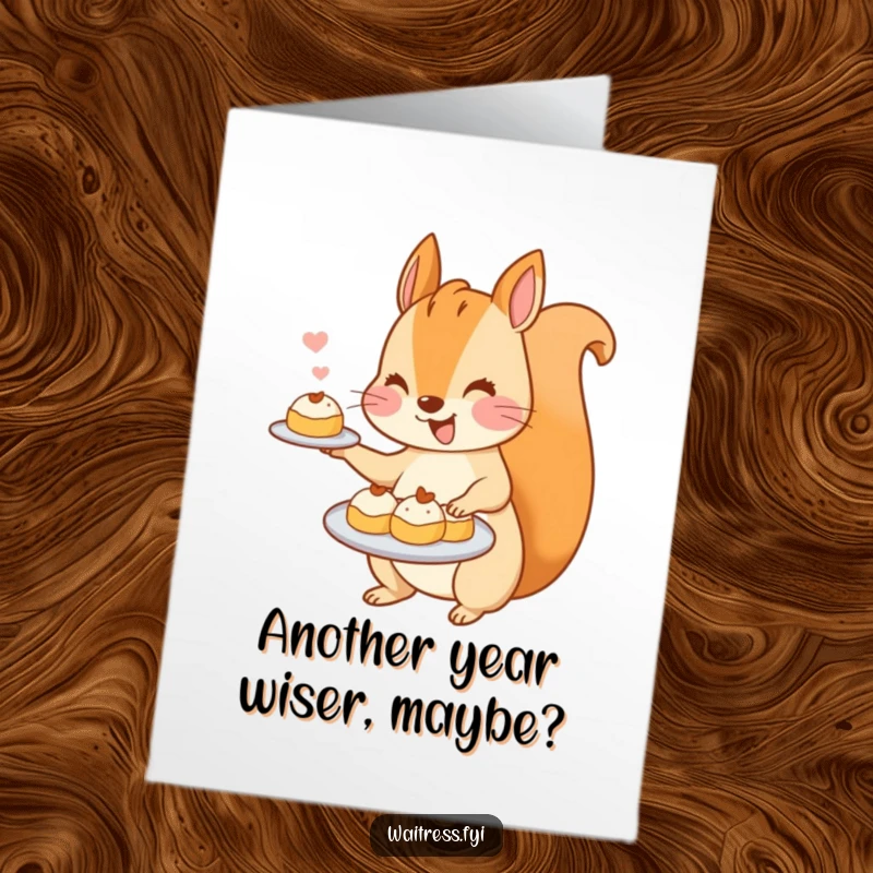 Funny Free Printable Happy Birthday card featuring a cute kawaii squirrel enthusiastically serving a plate of tiny pastries with a big smile.