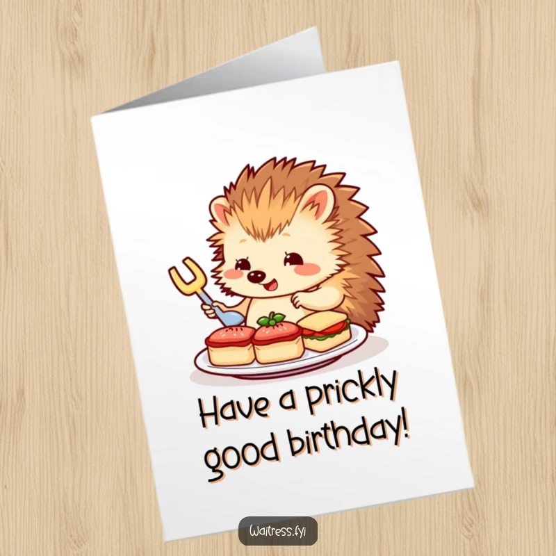 Funny Free Printable Birthday Card: Charming hedgehog server meticulously arranging miniature sandwiches with care.
