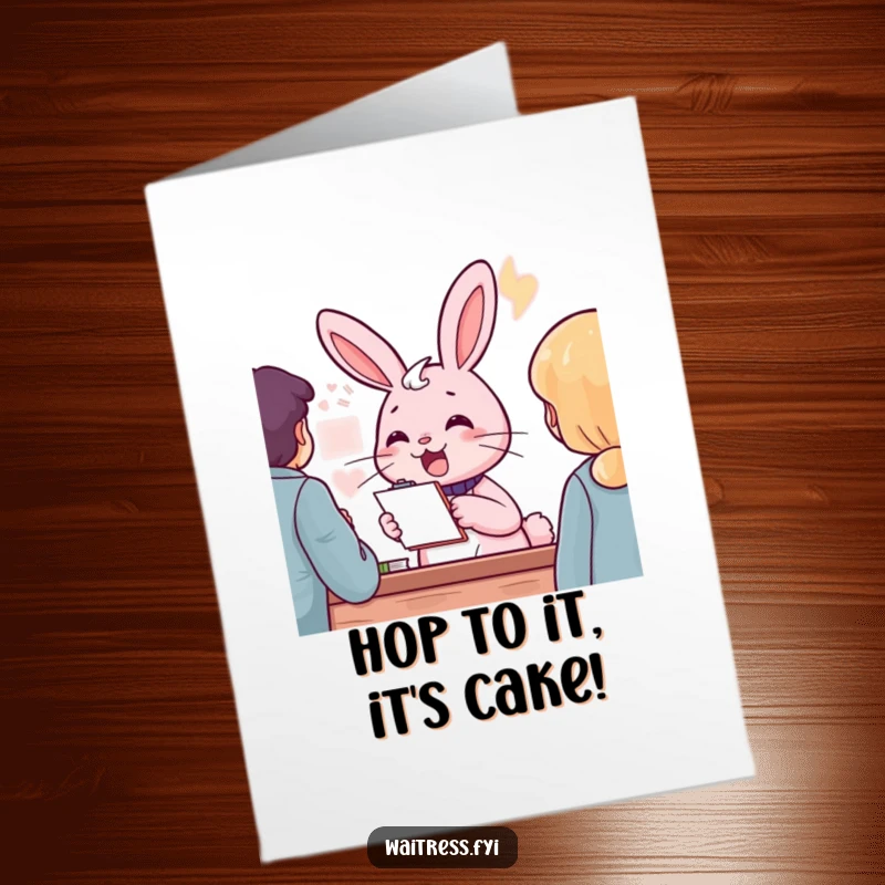 Funny free printable pink rabbit character with notepad taking an order, for a birthday card.