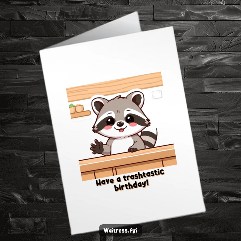 Funny Free Printable Birthday Card: Delighted raccoon waving from behind a counter, offering a downloadable birthday surprise.