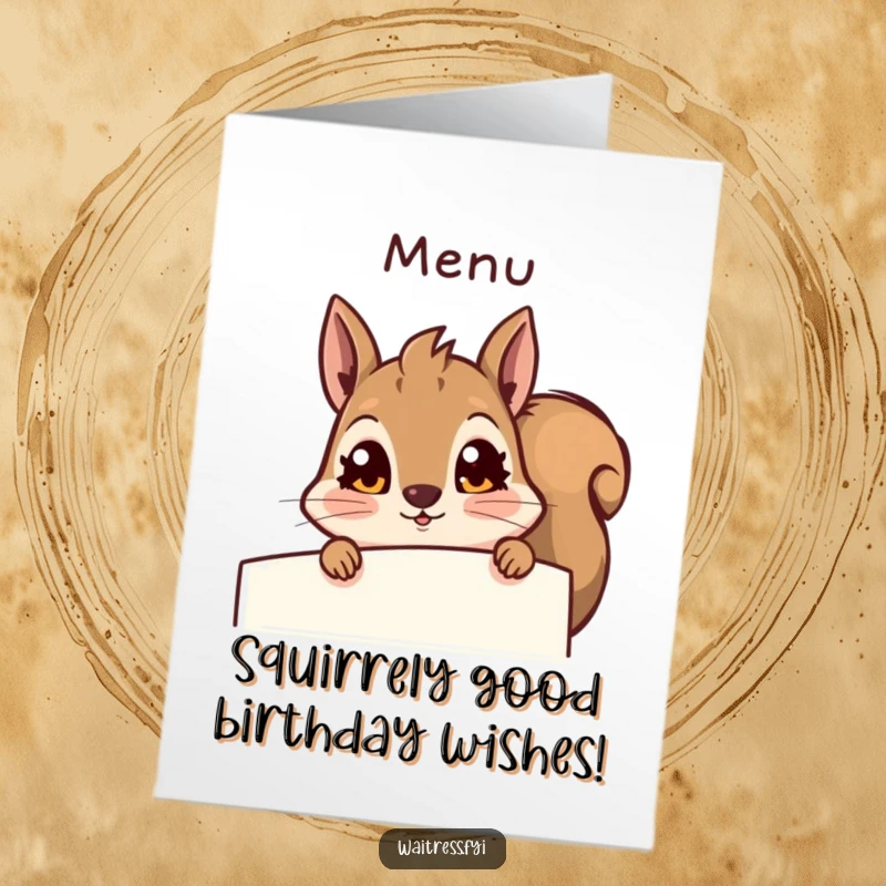 Funny Free Printable Birthday Card: Curious squirrel peeking from menu, surprised expression, perfect for a downloadable gift.