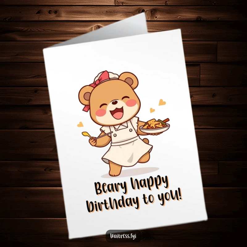 Funny Free Printable Birthday Card: A happy bear waitress comically tripping but skillfully saving a tray of food.