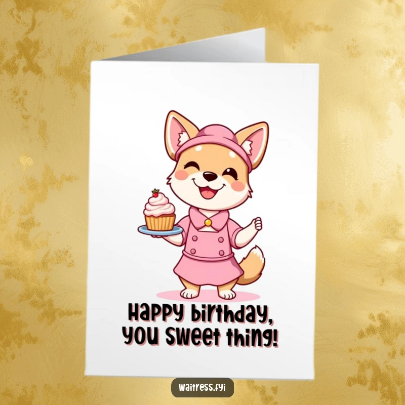 Funny Free Printable Dog Birthday Card: A smiling dog waitress playfully balancing a delicious dessert, ready to celebrate a birthday.