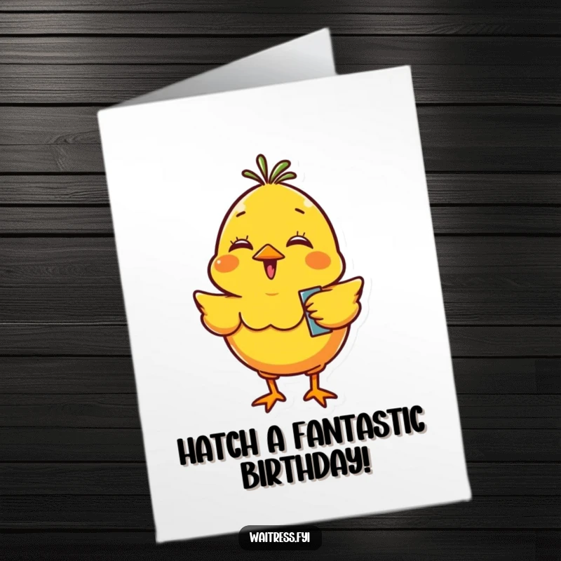 Funny Free Printable Chick Birthday Card: Giggling yellow chick with order pad, bouncing with excitement, ready to celebrate.