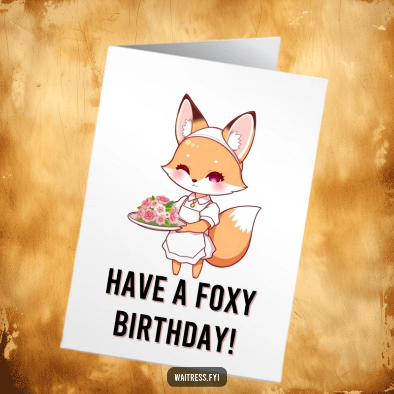 Cute Free Printable Birthday Card: Graceful fox waitress presenting a beautifully flower-decorated dish with a charming smile.