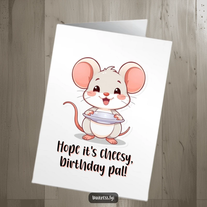 Funny Free Printable Birthday Card: Smiling Kawaii mouse presenting a plate with a flourish, offering birthday joy.