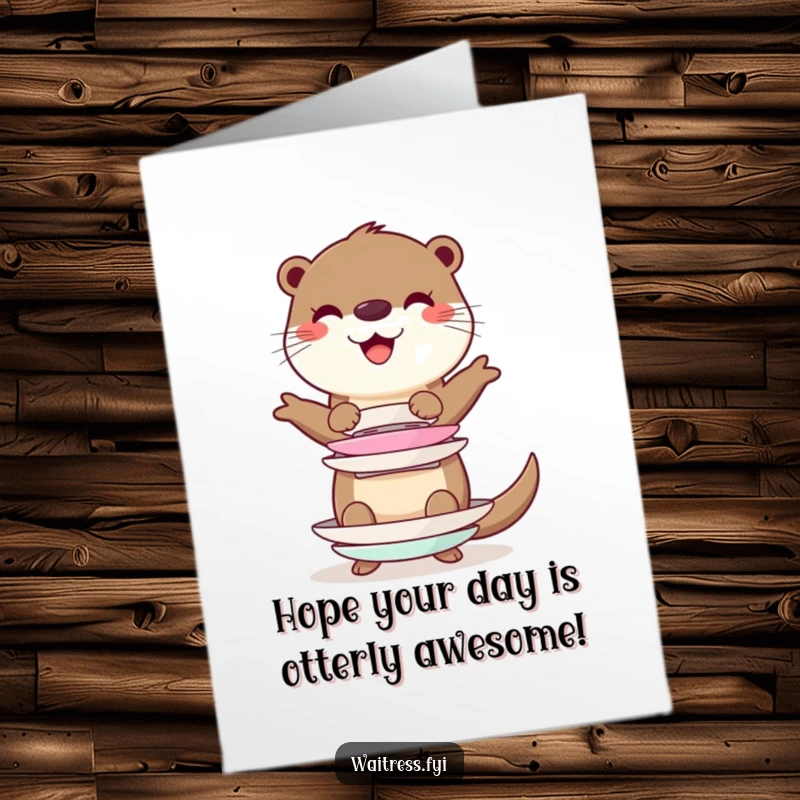 Funny Free Printable Birthday Card: A cheerful otter precariously balances a stack of imaginary plates, ready for party antics.