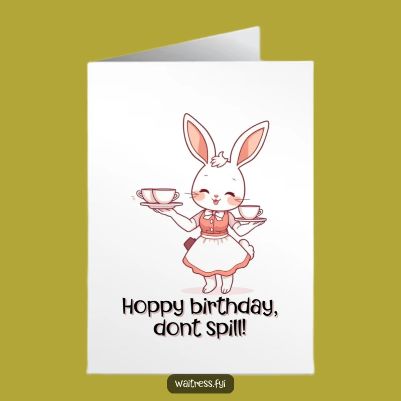 Funny Free Printable Birthday Card: Bunny Waitress Serving Tea, Cute DIY Downloadable Gift
