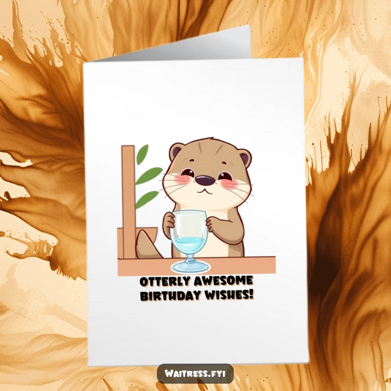 Funny Free Printable Birthday Card: Otter server meticulously polishing an invisible glass with a proud smile.
