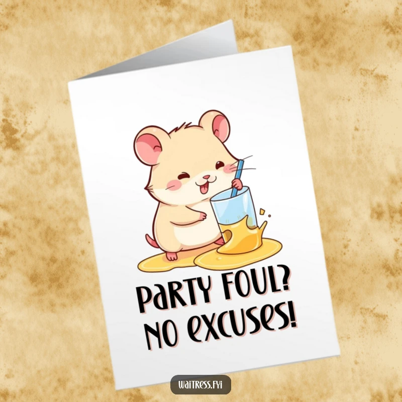 Funny Free Printable Birthday card with a kawaii hamster swiftly wiping up a spilled drink, showcasing quick thinking and a clean finish.
