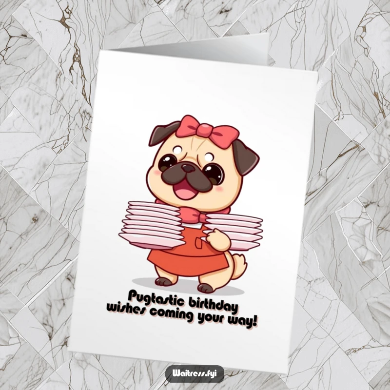 Funny Free Printable Pug Waitress Birthday Card: A beaming pug holding plates, ready to serve birthday wishes with a smile.