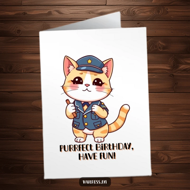 Funny Free Printable Birthday Card: A playful cat in uniform taking an order, giving a charming, conspiratorial wink.