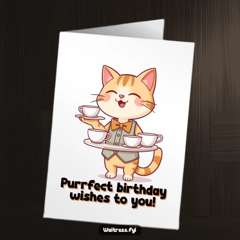 Funny Free Printable Birthday Card: A happy cat waiter in a bowtie expertly balances a tray of delicate teacups for a birthday toast.