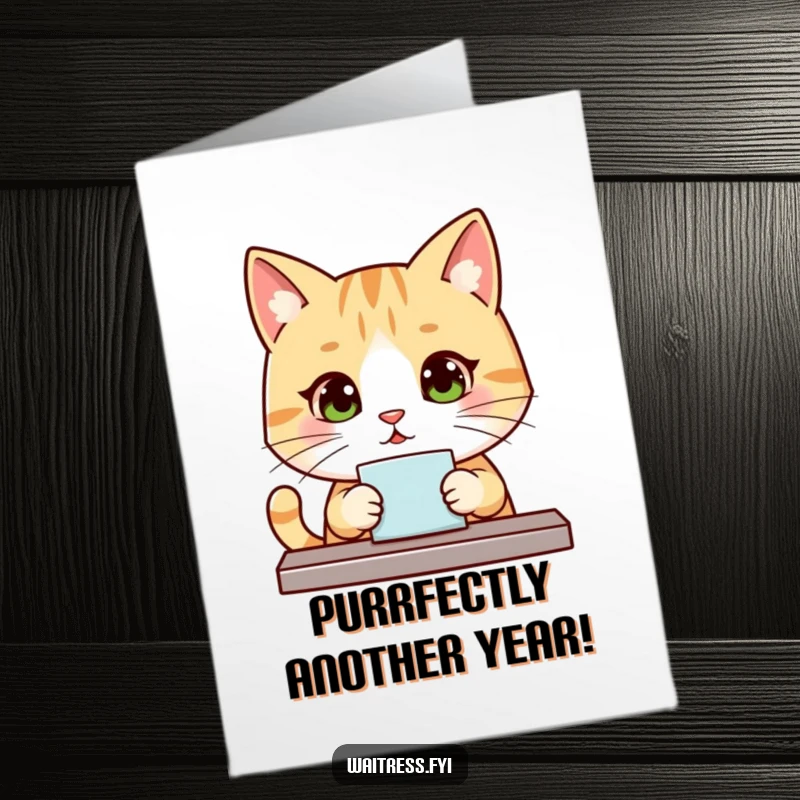 Funny Free Printable Birthday Card: A polite kawaii cat attentively takes a birthday order with warm eyes.