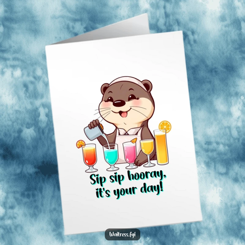 Funny Free Printable Otter Waitress Birthday Card: Smiling otter waitress expertly pouring colorful drinks with a celebratory flourish.