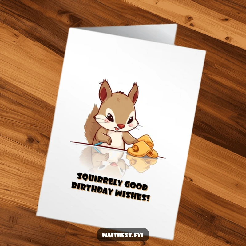 Funny Free Printable Birthday Card: Determined squirrel meticulously wipes a table, ready for party guests.