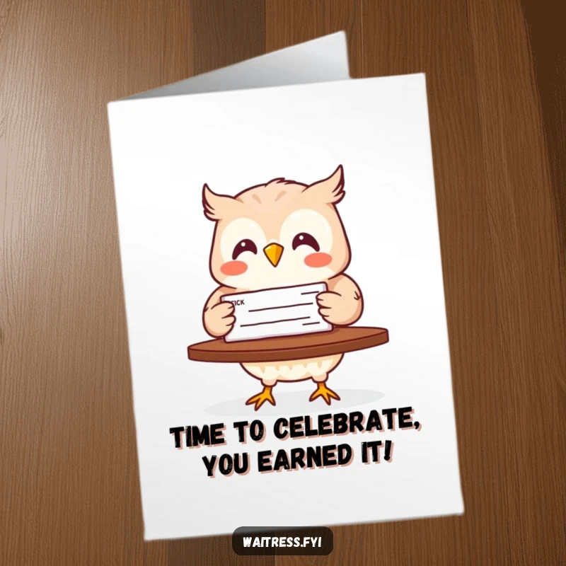 Funny Free Printable Birthday Card: A cheerful owl carrying a large check towards a table, symbolizing good fortune and celebration.