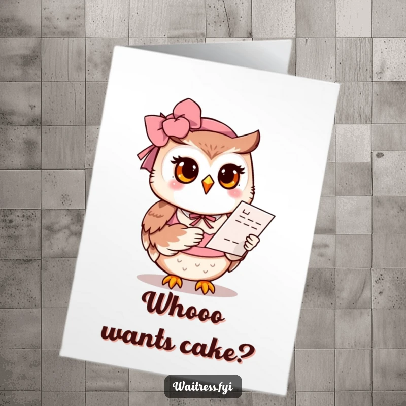 Funny Free Printable Birthday Card: Polite owl waitress offering a menu with a gentle, heartwarming smile.