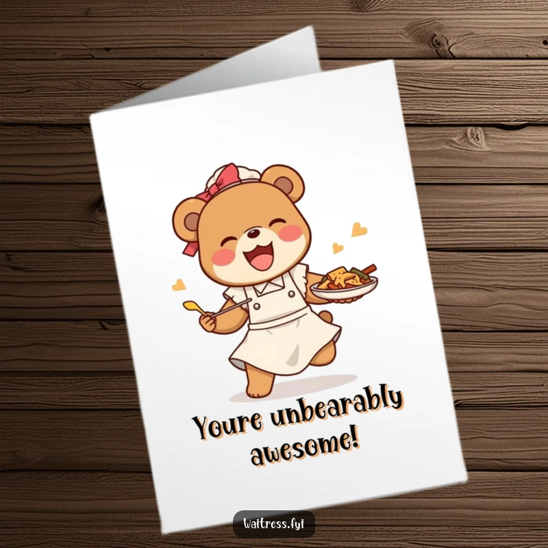 Funny Free Printable Congrats Card: A happy bear waitress stumbling but miraculously saving a tray of food.