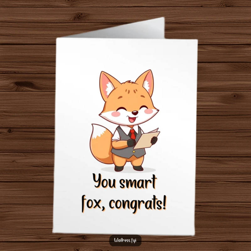 Funny Free Printable Congrats Card: A happy fox waiter with a notepad, ready to jot down your celebratory order.