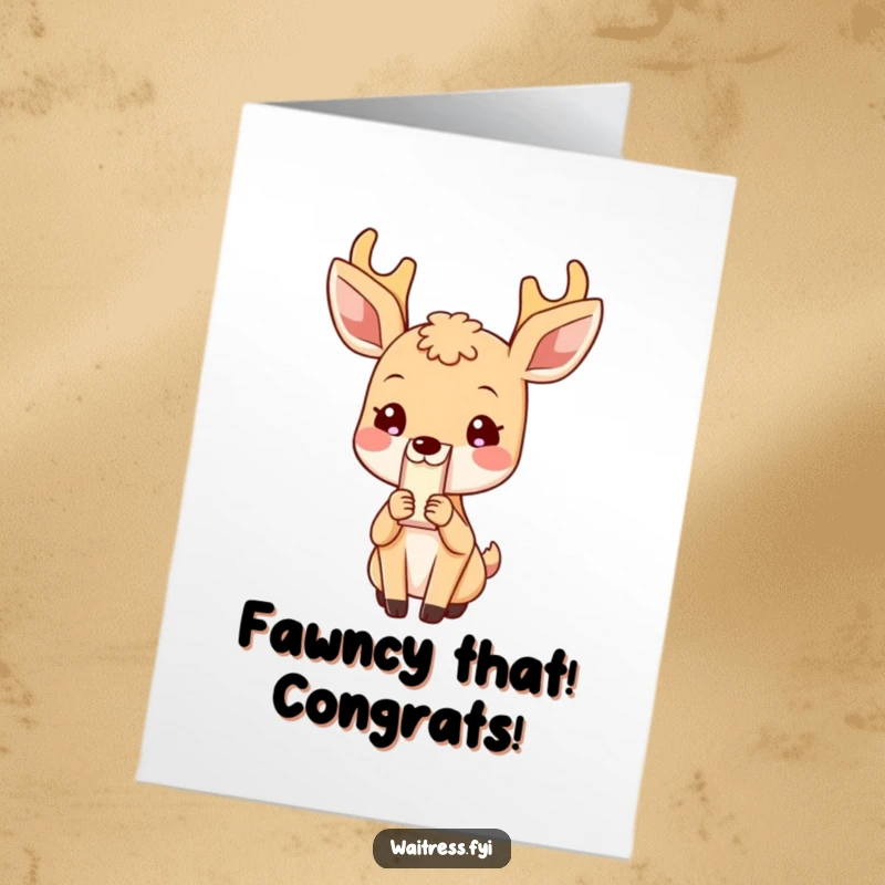 Funny Free Printable Congratulations Card: Blushing deer politely presenting a bill, acknowledging dues, a downloadable gift.