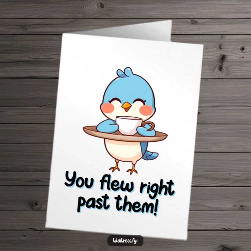 Funny free printable blue bird character winks presenting a coffee cup, perfect for congratulations.