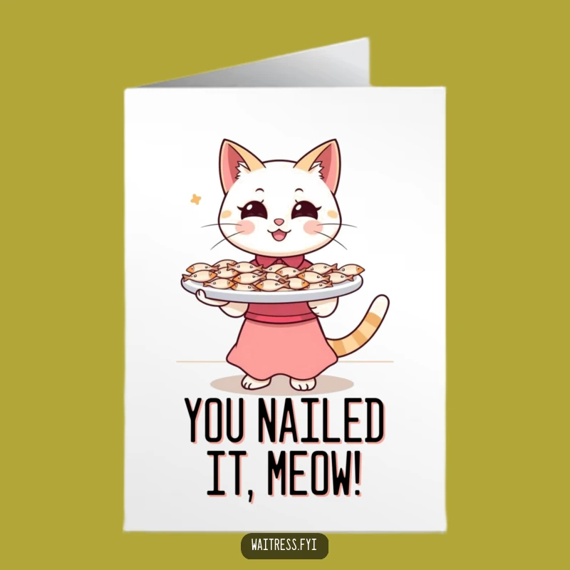 Free Printable Cat Waitress Congrats Card: Funny Downloadable Fish Art