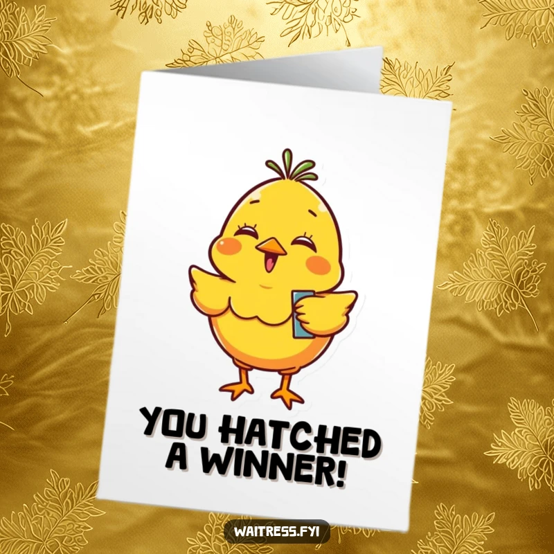 Funny Free Printable Chick Congratulations Card: Giggling yellow chick with order pad, bouncing excitedly to celebrate achievements.