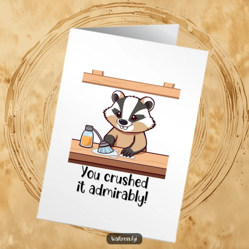 Funny Free Printable Congratulations Card: Determined badger with a focused grin, wiping a surface clean, symbolizing accomplishment.
