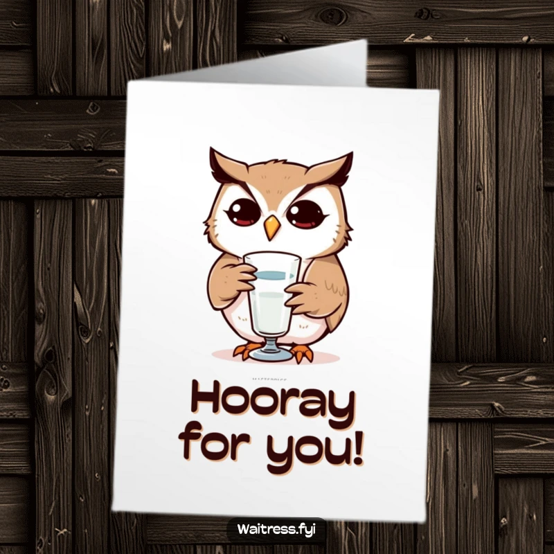 Funny Free Printable Congratulations Card: Determined owl attentively refilling a glass, symbolizing focus, a downloadable gift.