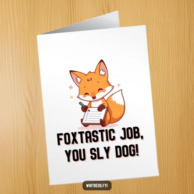 Funny Free Printable Congratulations Card: A playful fox scribbles orders on a notepad, celebrating a swift success.