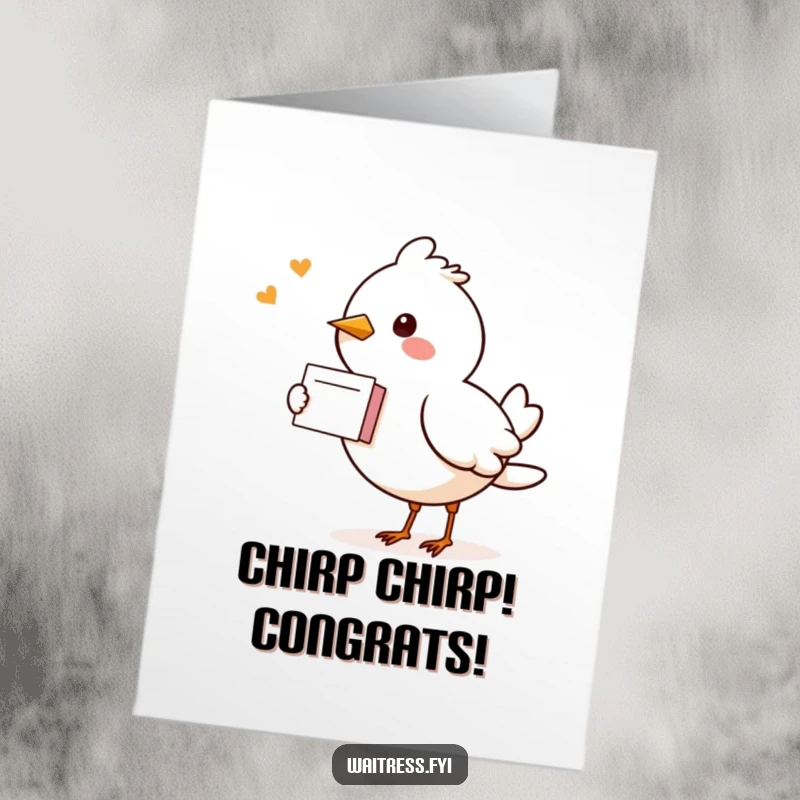 Funny Free Printable Congratulations card featuring a kawaii bird delivering a note, symbolizing the happy arrival of good news and well-deserved success.