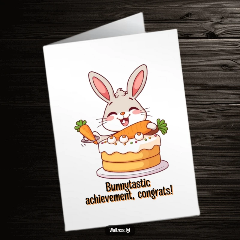 Funny Free Printable Congrats Card: A happy bunny presents a magnificent carrot cake with a flourish.