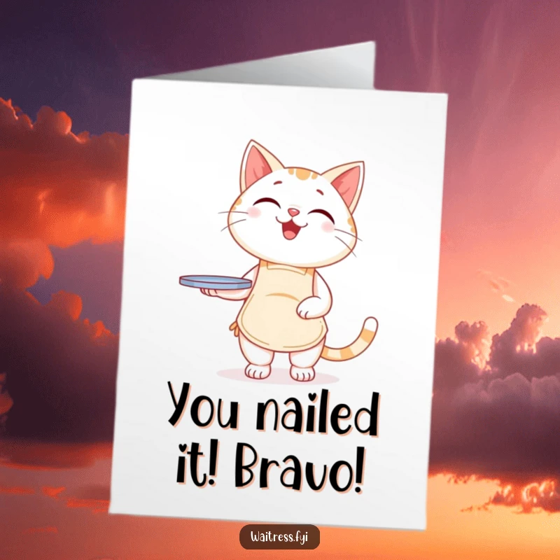 Funny Free Printable Congrats Card: Cat server in an apron offers a wobbly tray of congratulations.