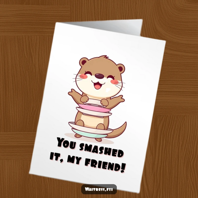 Funny Free Printable Congratulations Card: A cheerful otter impressively balances a tall stack of imaginary plates, celebrating your success.