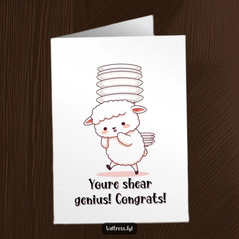 Funny Free Printable Congratulations Card: Sheep Fumbles Tall Plate Stack, Adorable Struggle, Humorous Achievement.