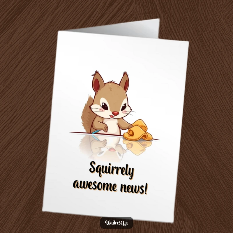 Funny Free Printable Congratulations Card: Determined squirrel proudly cleans a table, celebrating success with humor.