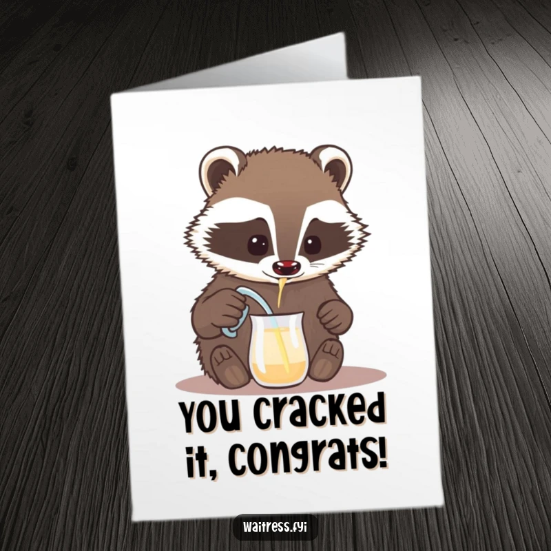 Funny Free Printable Congratulations Card: Brave badger pouring a drink from a tiny pitcher, toasting a downloadable success.