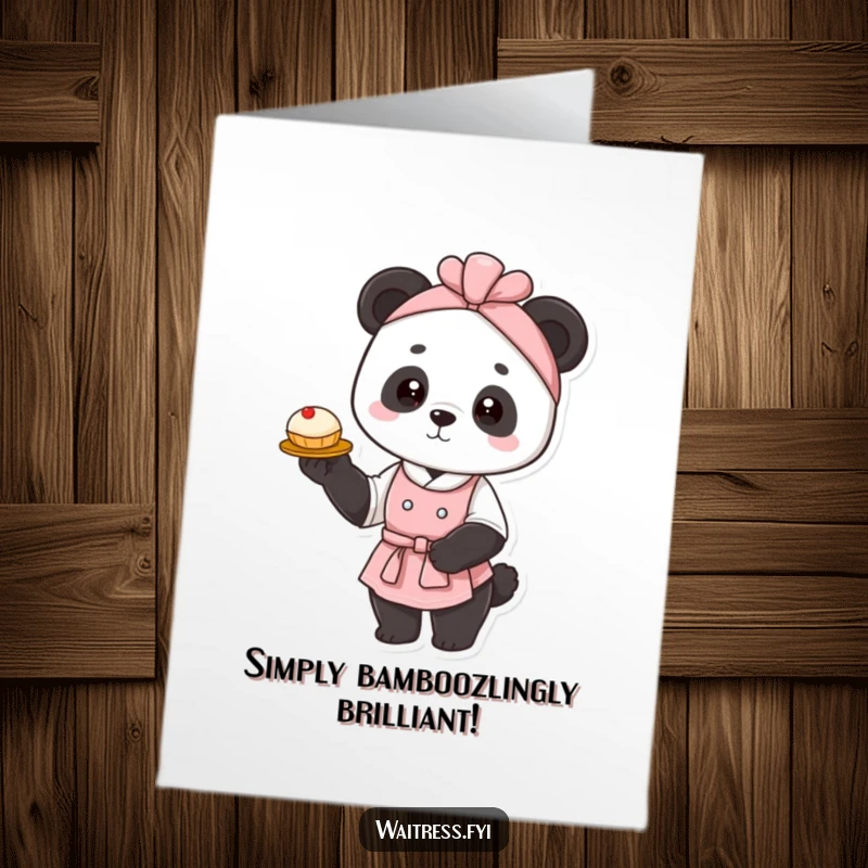 Funny Free Printable Panda Waitress Congrats Card: Graceful panda waitress presenting a pastry, symbolizing a sweet accomplishment.