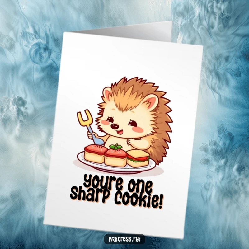 Funny Free Printable Congratulations Card: Charming hedgehog server carefully places tiny sandwiches on a plate.