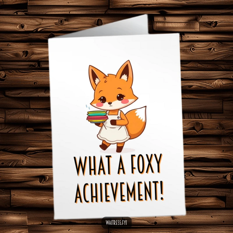 Funny free printable orange fox with apron carrying colorful plates, perfect for congratulations.
