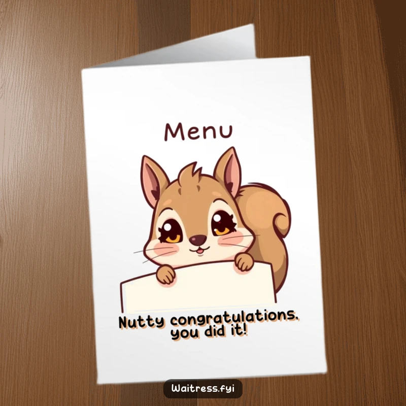 Funny Free Printable Congratulations Card: Startled squirrel behind a menu, conveying surprise and excitement for a downloadable gift.